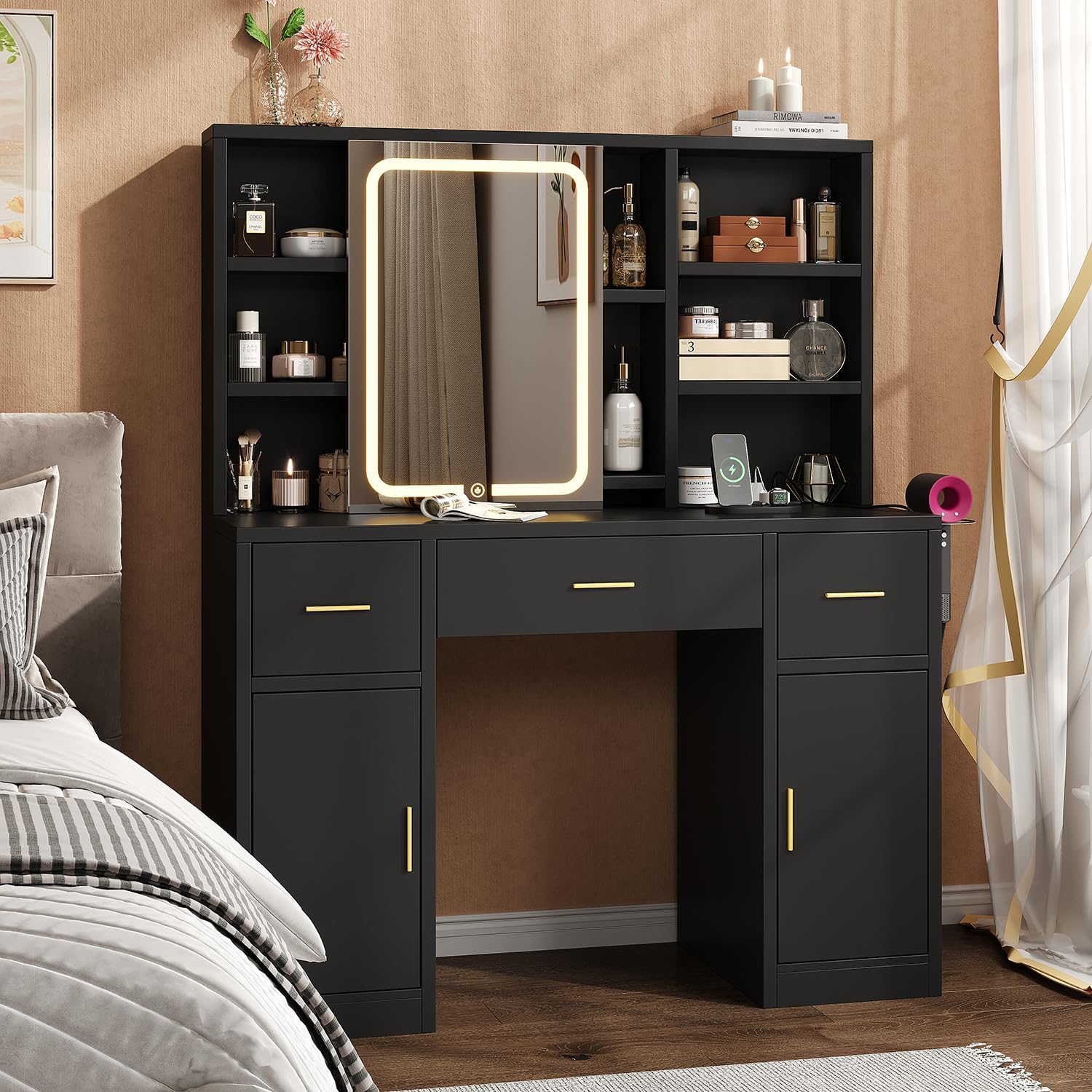 White Vanity Desk with Sliding Mirror & Lights, Makeup Vanity Table with Charging Station