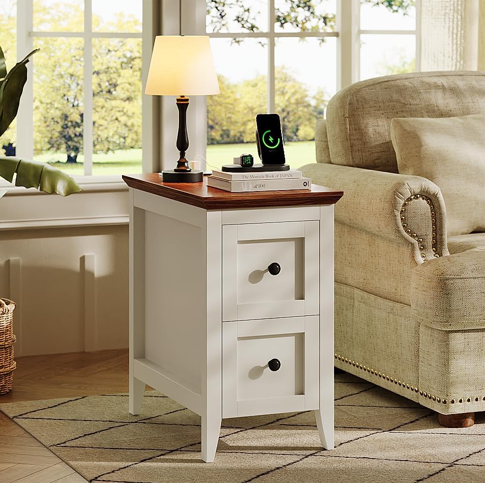 Farmhouse End Table with Charging Station, Narrow Side Table with 2 Drawers