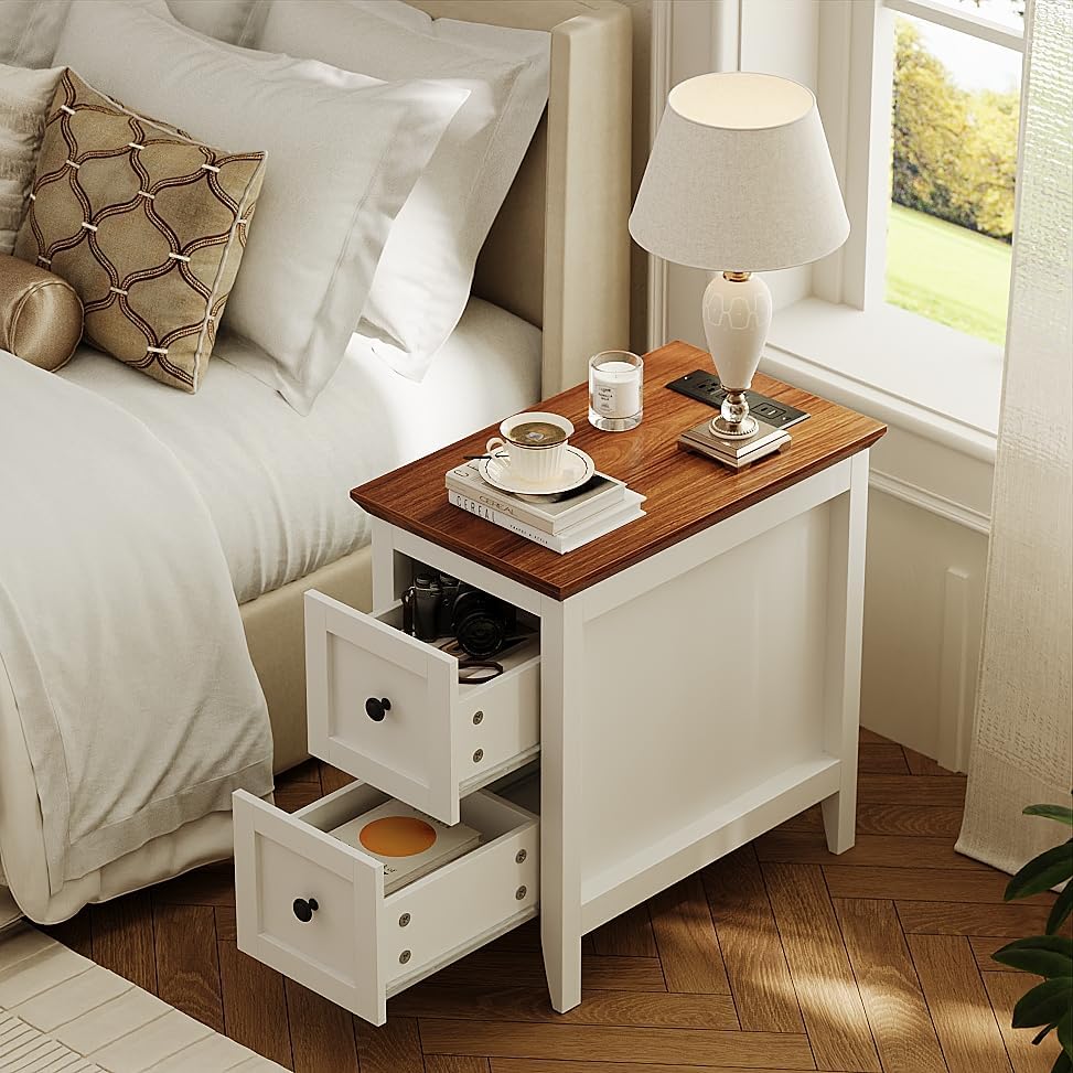 Farmhouse End Table with Charging Station, Narrow Side Table with 2 Drawers