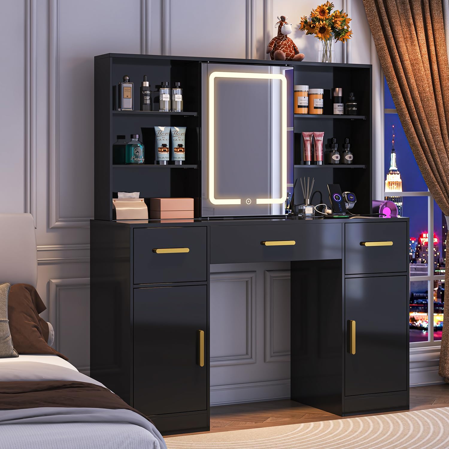Modern Makeup Vanity Desk with LED Lights, Sliding Mirror & Charging Port