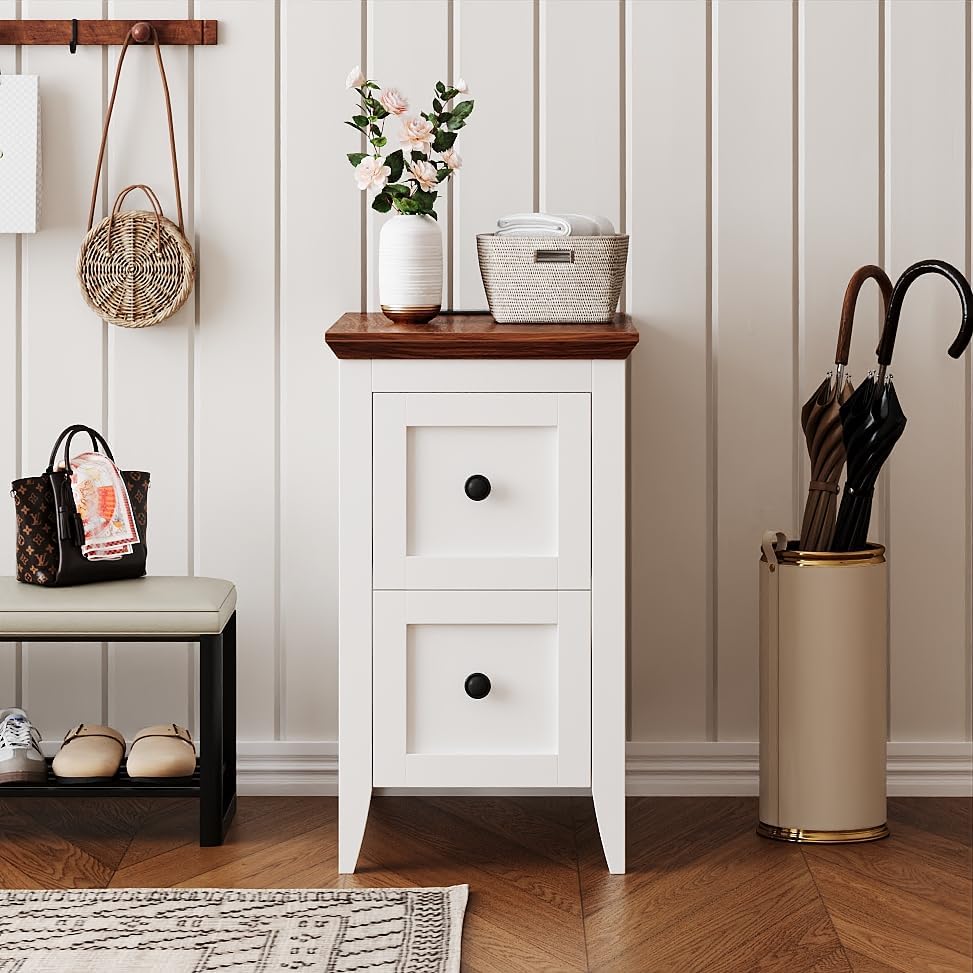 Farmhouse End Table with Charging Station, Narrow Side Table with 2 Drawers