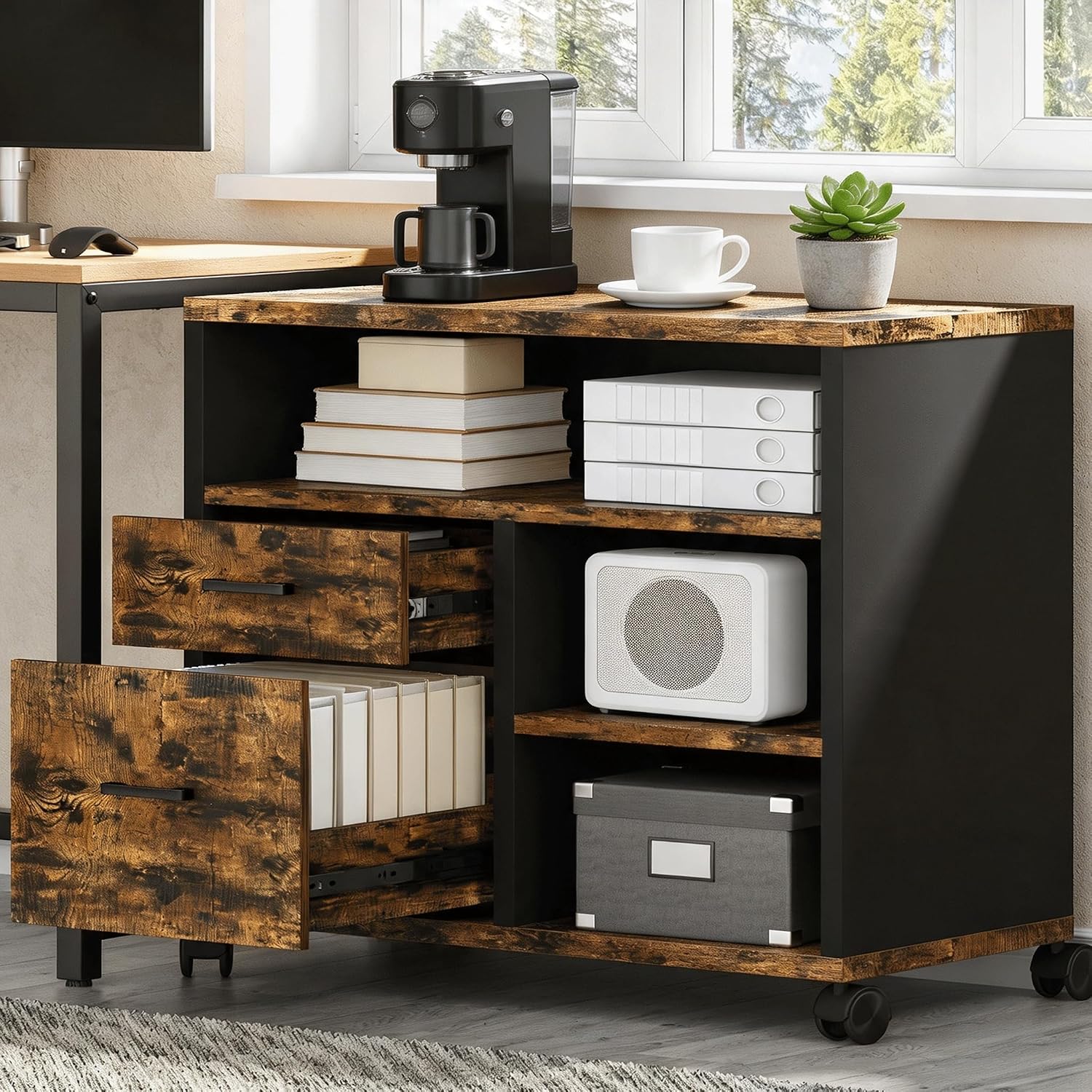 Feonase Mobile File Cabinet with 2 Drawers,3 Storage Shelf, Safe Box Layout