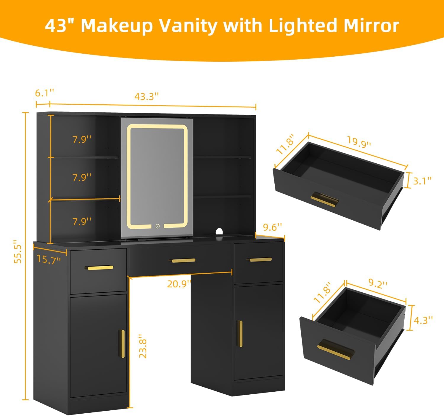 Modern Makeup Vanity Desk with LED Lights, Sliding Mirror & Charging Port