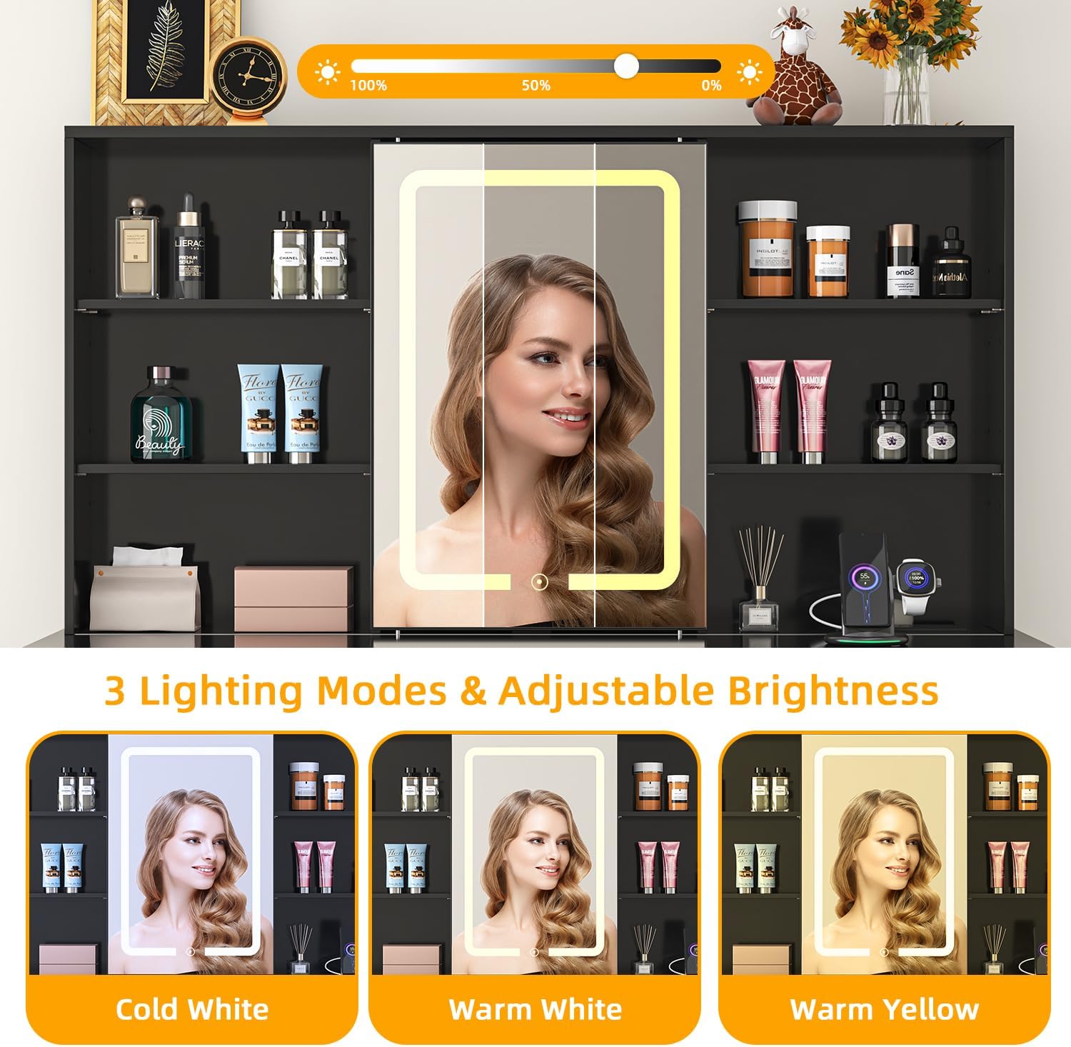 Modern Makeup Vanity Desk with LED Lights, Sliding Mirror & Charging Port