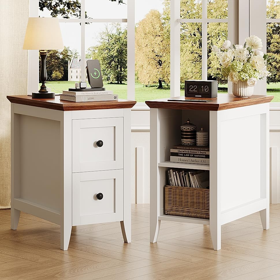 Farmhouse End Table with Charging Station, Narrow Side Table with 2 Drawers
