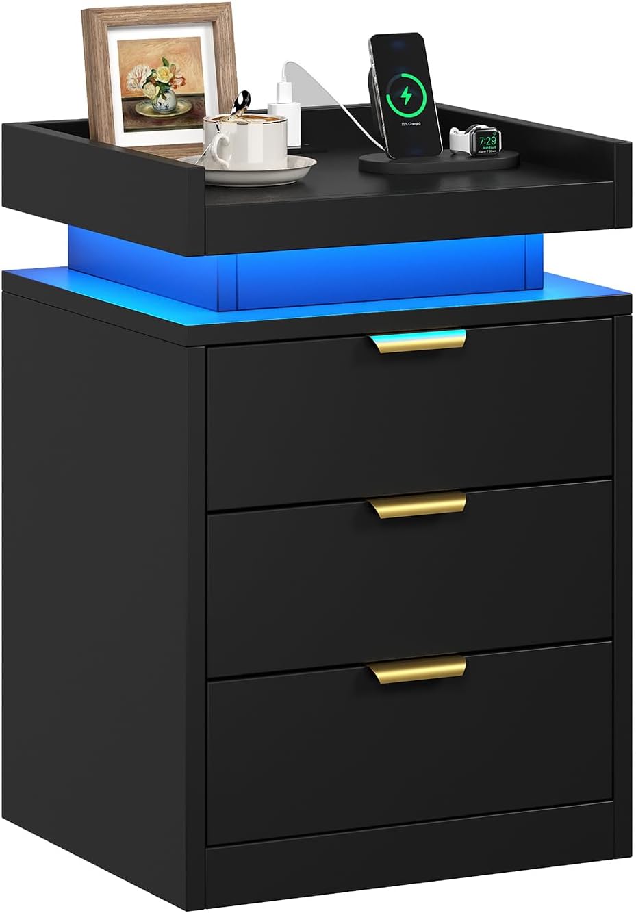 LED Nightstand with Charging Station & USB Ports, 3-Drawer Bedside Table with Adjustable RGB LED Lights, High-Gloss Modern Nightstands for Bedroom, Black