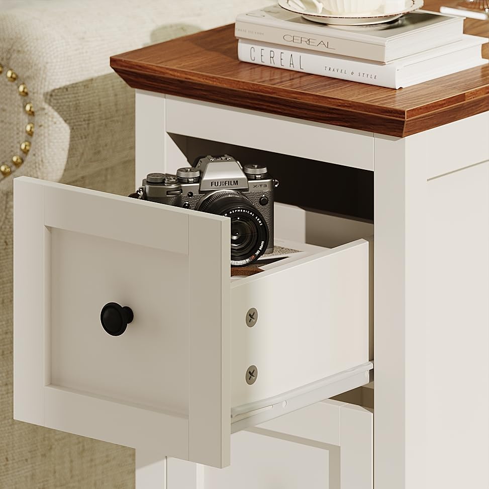 Farmhouse End Table with Charging Station, Narrow Side Table with 2 Drawers