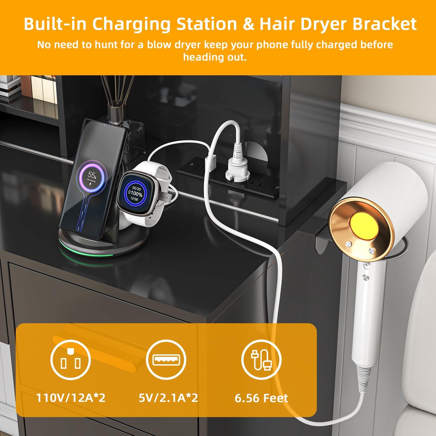 Modern Makeup Vanity Desk with LED Lights, Sliding Mirror & Charging Port