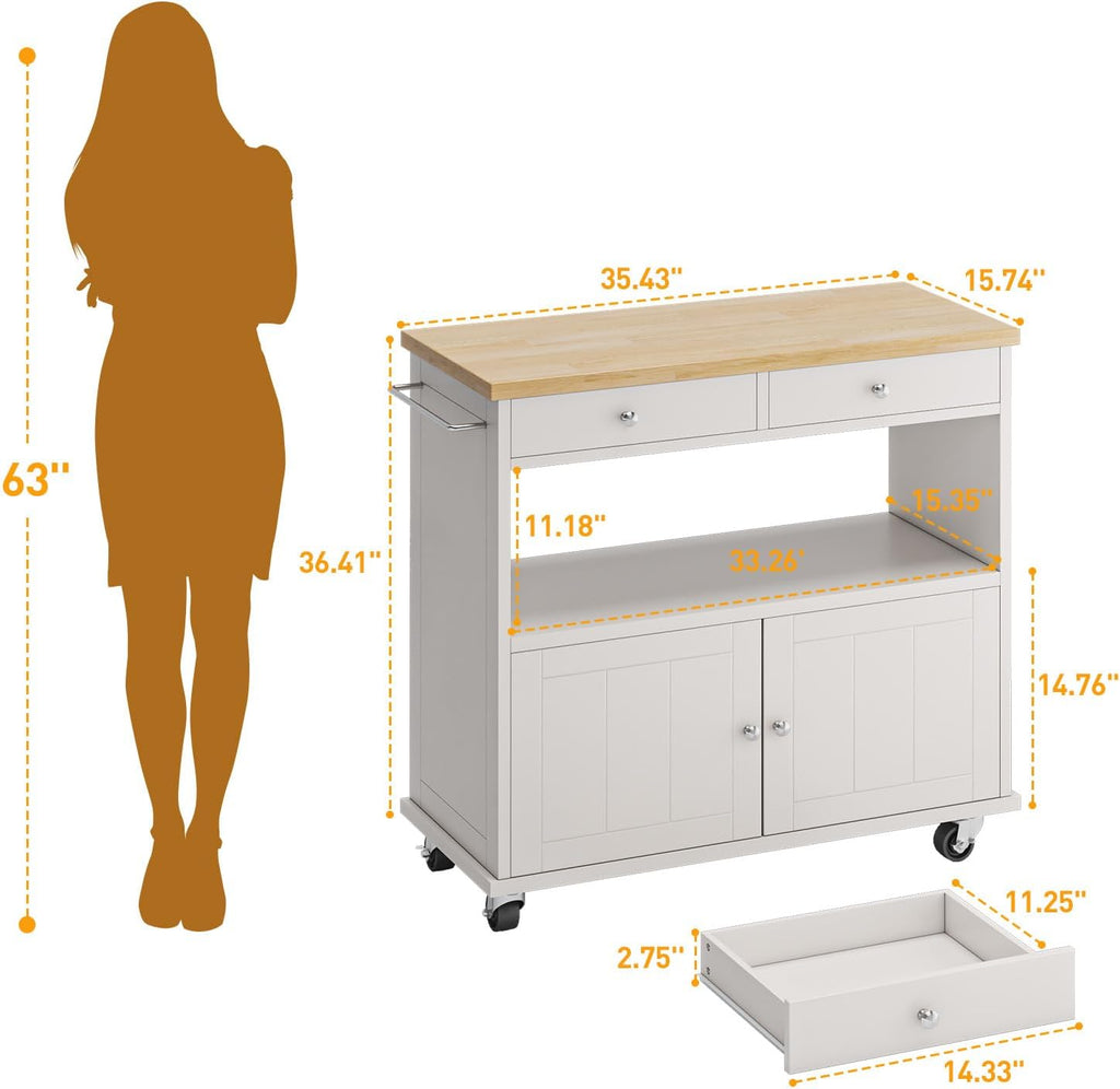 Rolling Kitchen Island with Storage Cabinet, 35.4'' Width Kitchen Cart, 2 Drawers Island Table, Portable Mobile Kitchen Island with Towel Rack, Wood Top and Lockable Wheels, White