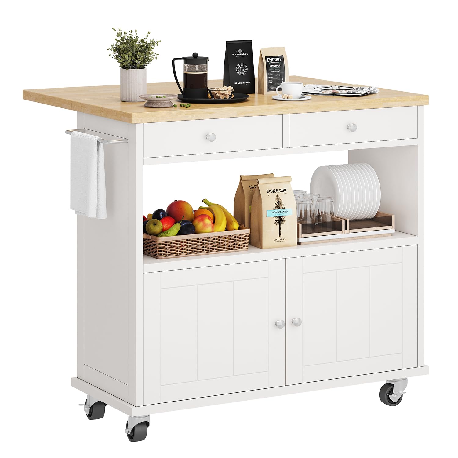 Rolling Kitchen Island with Storage Cabinet, 35.4'' Width Kitchen Cart, 2 Drawers Island Table, Portable Mobile Kitchen Island with Towel Rack, Wood Top and Lockable Wheels, White