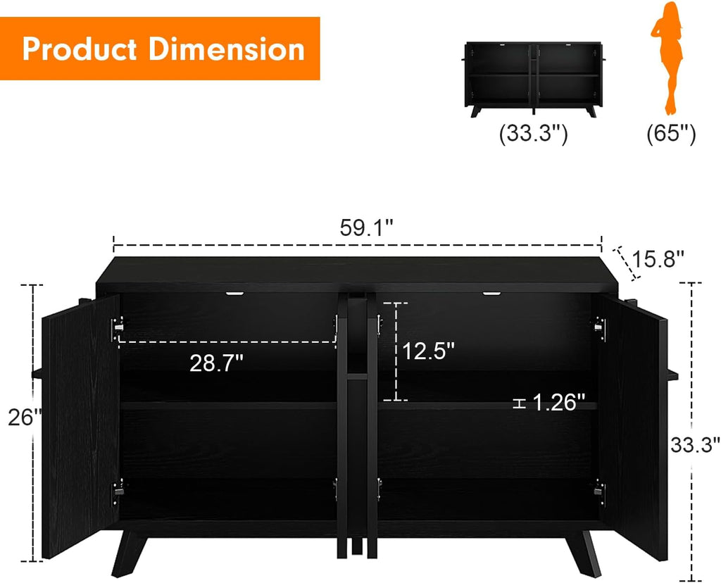 knoworld 59" Sideboard Buffet Cabinet with Storage, Modern Credenza, Black | Wood Console Cabinet with 4 Doors&Adjustable Shelves, Accent Coffee Bar Cabinet for Living Room Kitchen Dining Room Hallway