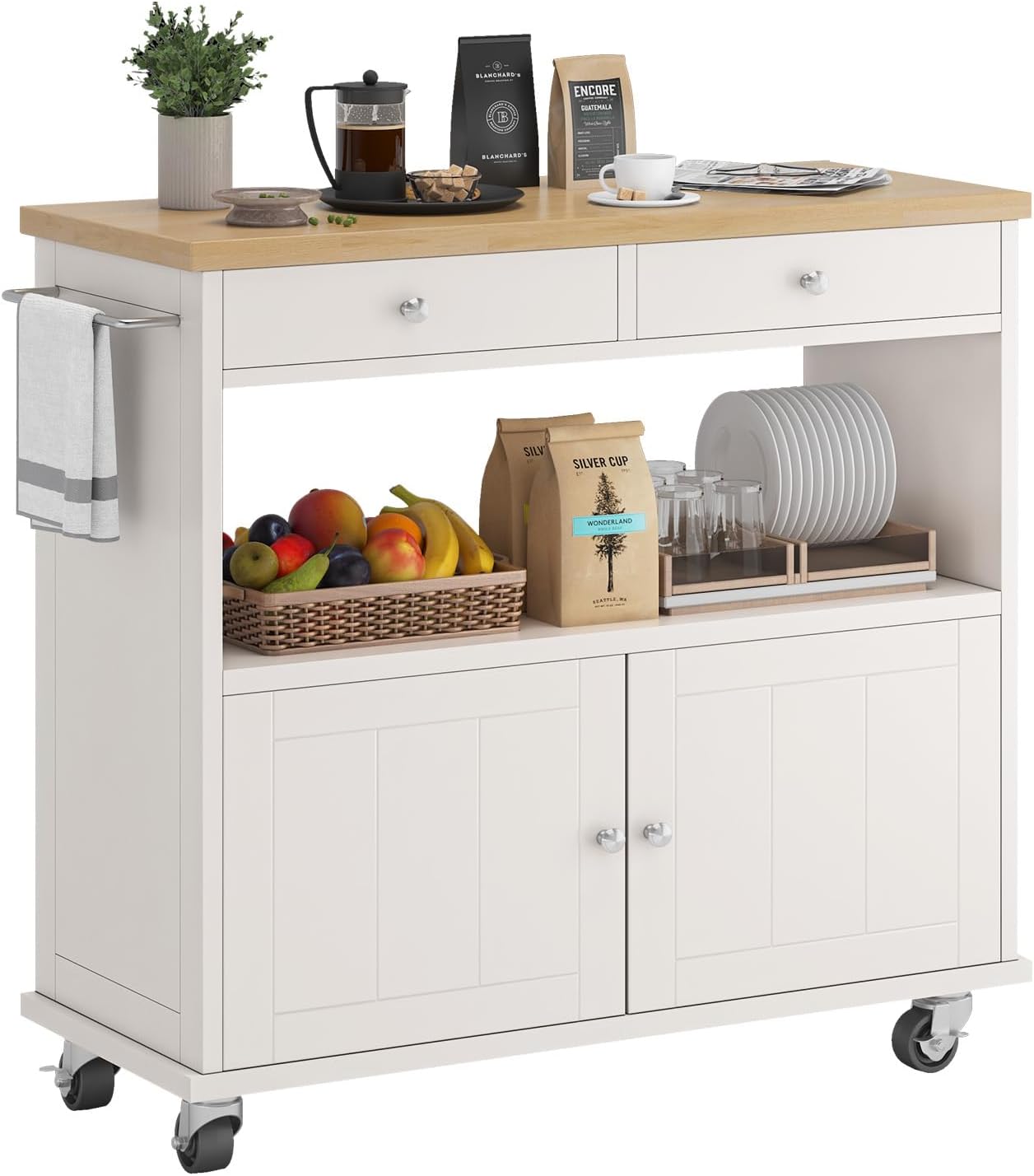 Rolling Kitchen Island with Storage Cabinet, 35.4'' Width Kitchen Cart, 2 Drawers Island Table, Portable Mobile Kitchen Island with Towel Rack, Wood Top and Lockable Wheels, White