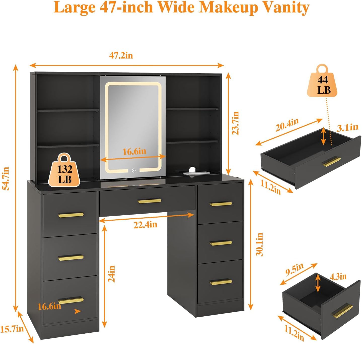 47'' W Large Vanity Desk with Mirror and Lights, 8 Storage Shelves 7 Drawers Vanity Table, Big Makeup Vanity Desk with 3 Lighting Modes, Vanity Dresser with Charging Station, Sliding Mirror (Black)