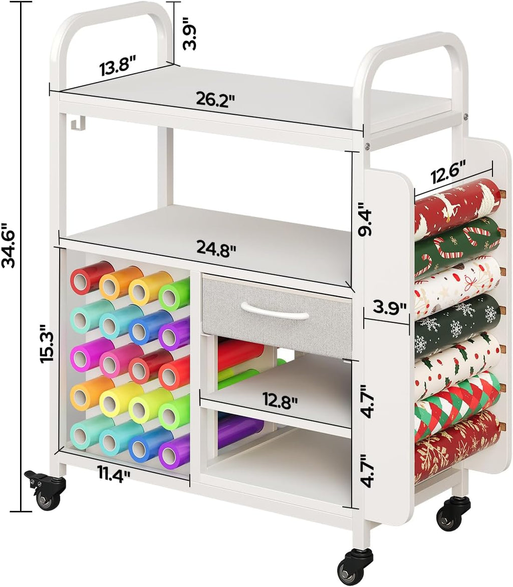 Craft Cart with Wheels Compatible with Cricut Machine, Organization and Storage Stand with 27 Vinyl Roll Holders and Drawer, Rolling Storage Cart with Table for Cricut Explore Maker Joy Accessories