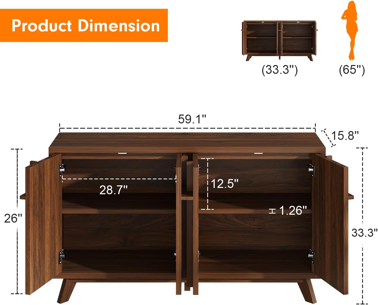 Sideboard Buffet Cabinet with Storage, 59" Modern Credenza with 4 Doors & Adjustable Shelves, Wood Console Cabinet for Living Room Kitchen Dining Room Hallway (Walnut)