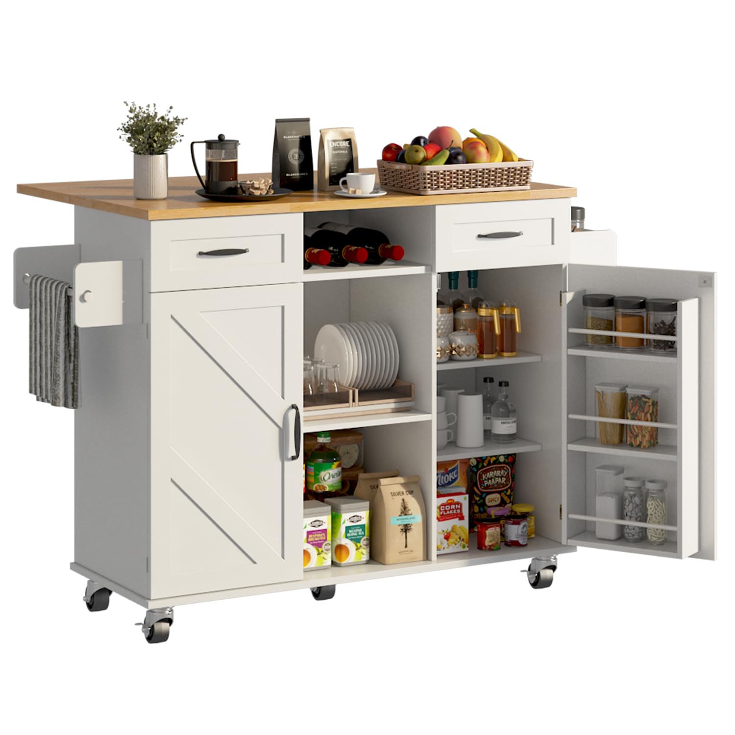 Rolling Kitchen Island with Storage Cabinet, 35.4'' Width Kitchen Cart, 2 Drawers Island Table, Portable Mobile Kitchen Island with Towel Rack, Wood Top and Lockable Wheels, Black