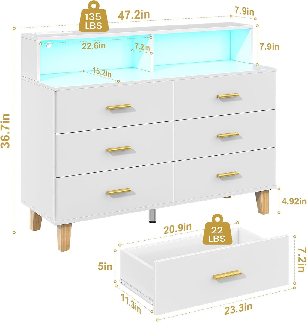 White 6 Drawer Dresser for Bedroom, Chest of Drawers with LED Light and Power Outlet, Tall Wide Dresser for Organizer Cabinet Bedroom,Living Room,Hallway, Entryway