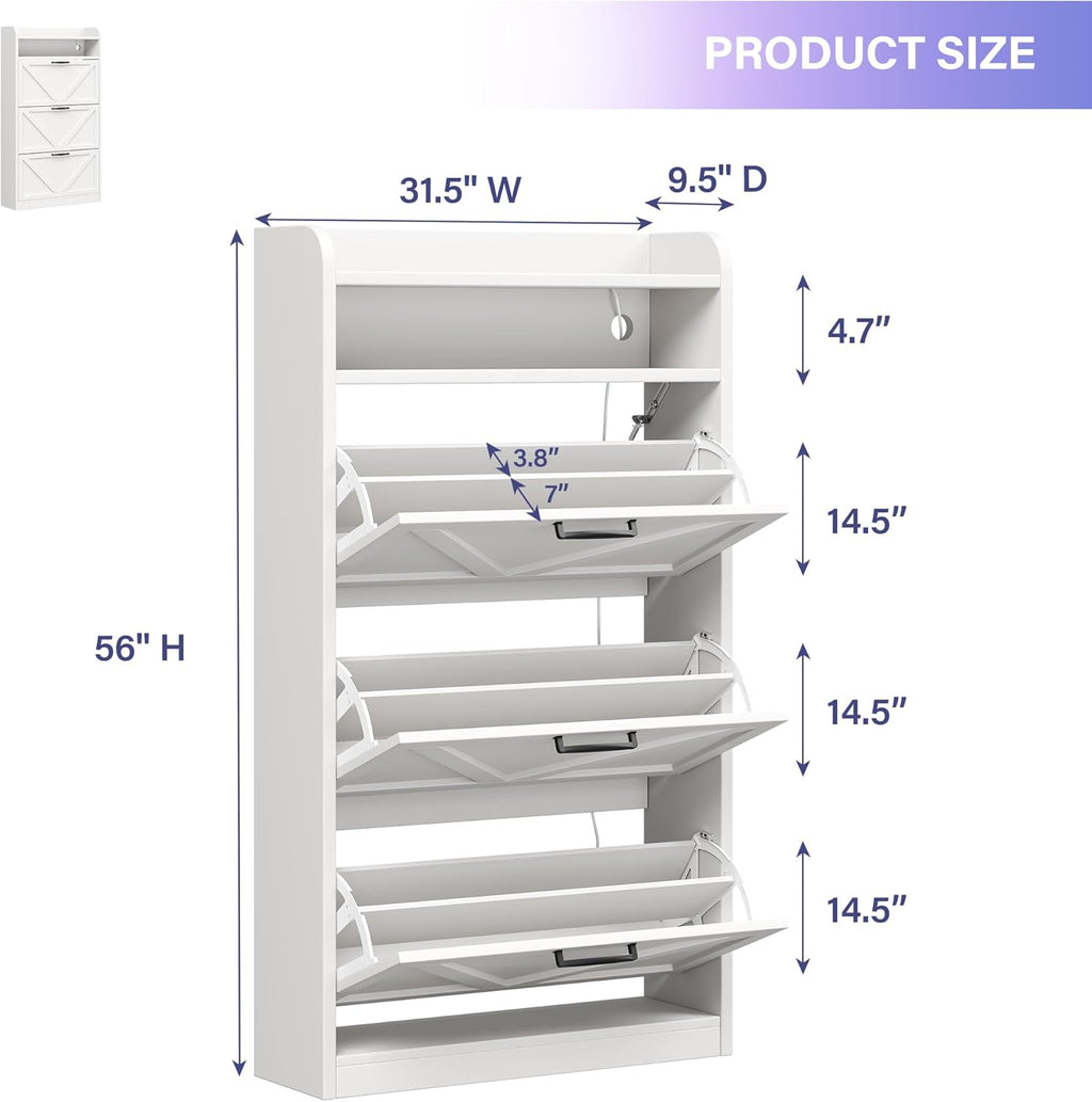 Wooden Shoe Cabinet, Narrow LED Shoe Rack Closed Storage Organizer with Adjustable Shelf, Freestanding Hidden Shoe Cabinet Storage for Entryway,Living Room(3 Drawers with LED, Linen White)