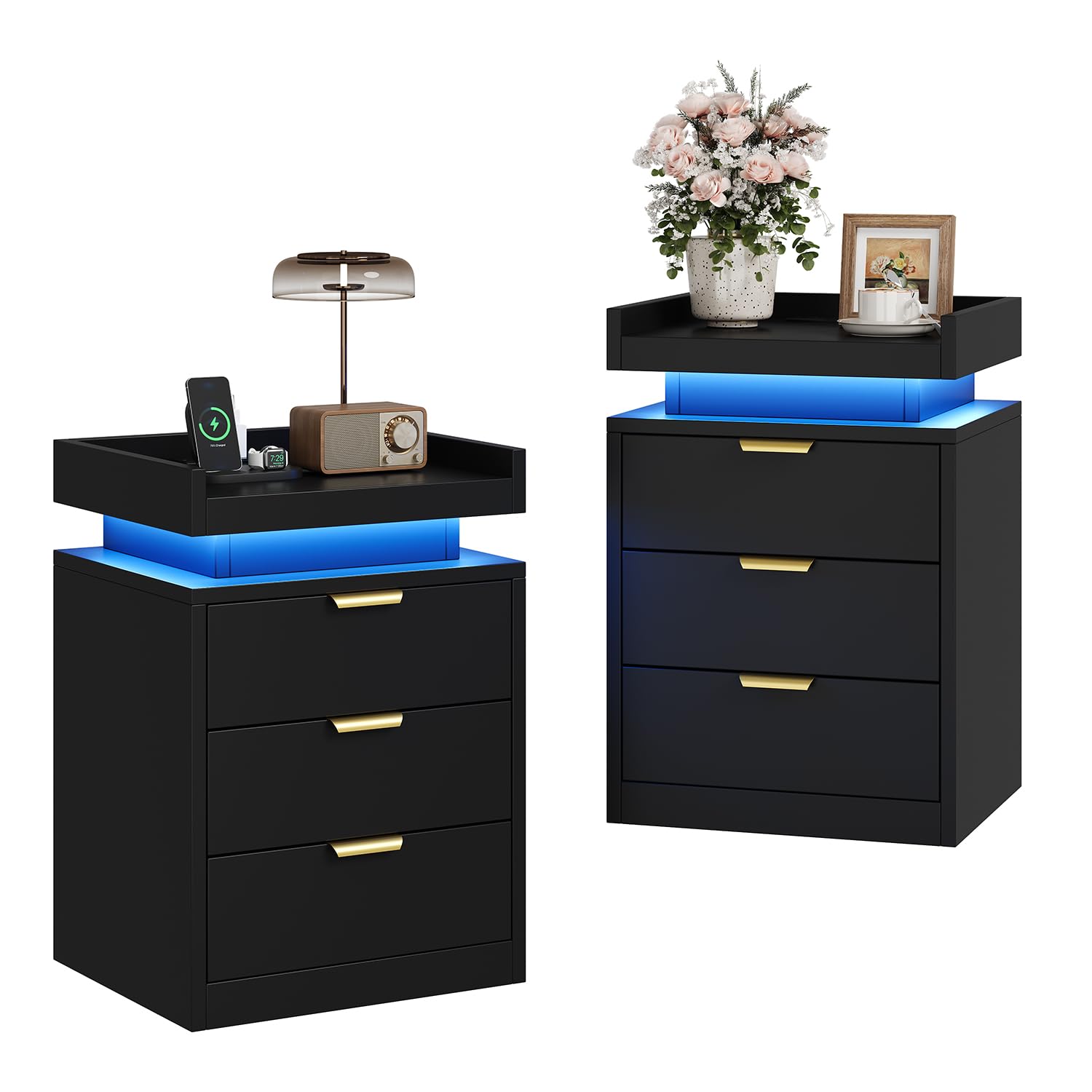 LED Nightstand with Charging Station & USB Ports, 3-Drawer Bedside Table with Adjustable RGB LED Lights, High-Gloss Modern Nightstands for Bedroom, Black