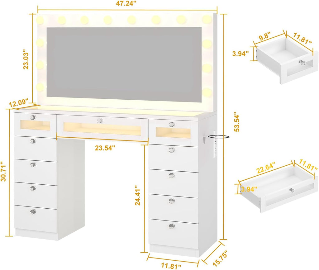 Glass Top Vanity Desk with RGB Drawers, 11 Drawers Large Makeup Vanity with Mirror and 14 LED Lights, 47" Dressing Table with Power Outlet, White