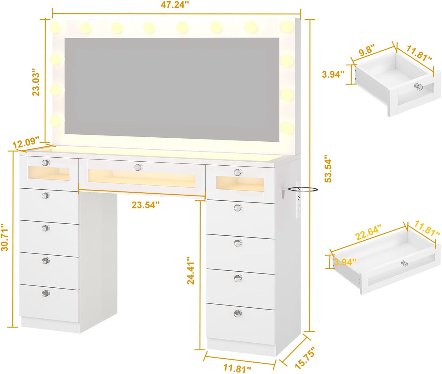 Glass Top Vanity Desk with RGB Drawers, 11 Drawers Large Makeup Vanity with Mirror and 14 LED Lights, 47" Dressing Table with Power Outlet, White