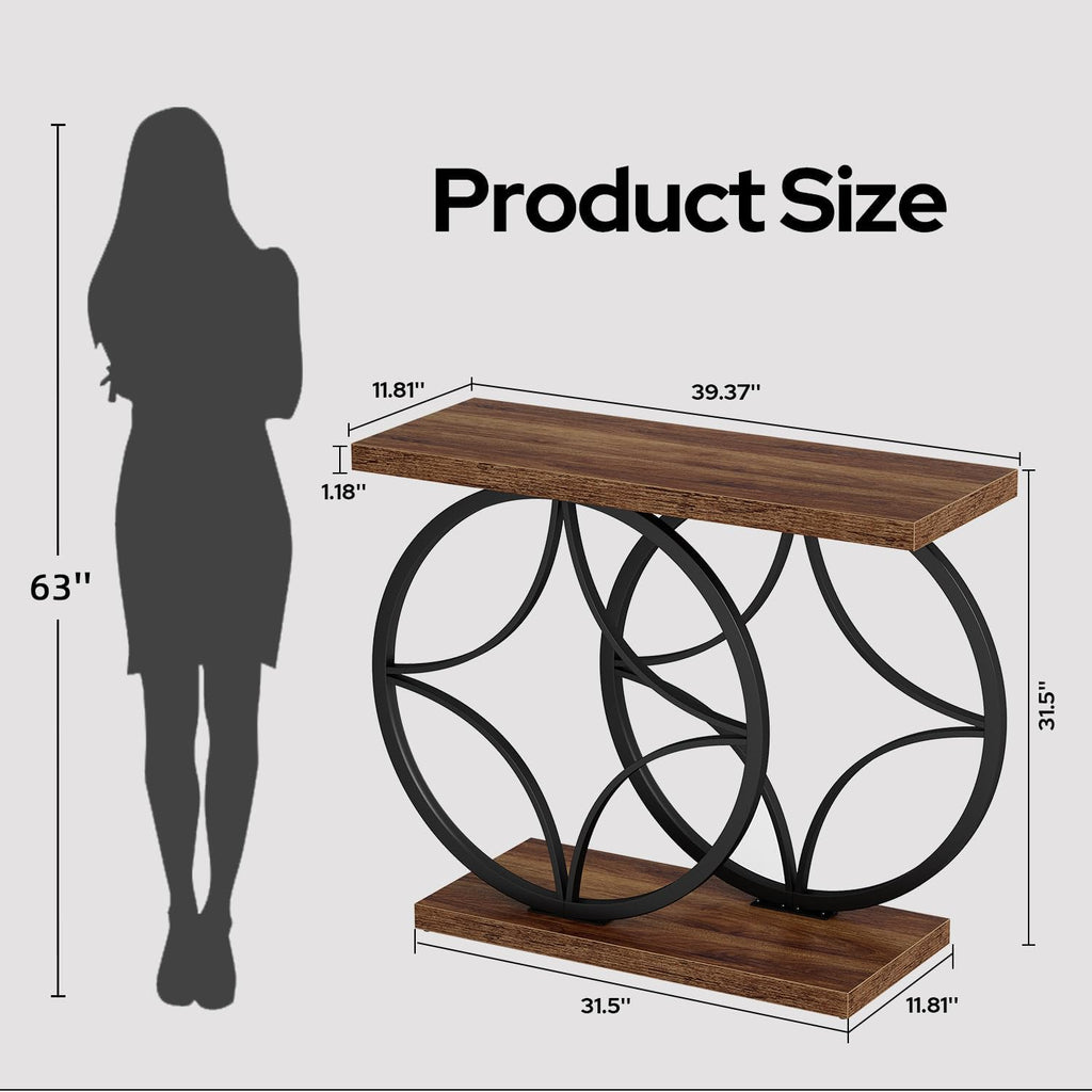 39.4" Console Table, Industrial Entryway Table with Anti-Tilt Design, Narrow Wood Accent Sofa Table Behind Couch with Double Circle Base for Entryway, Living Room, Hallway, Foyer