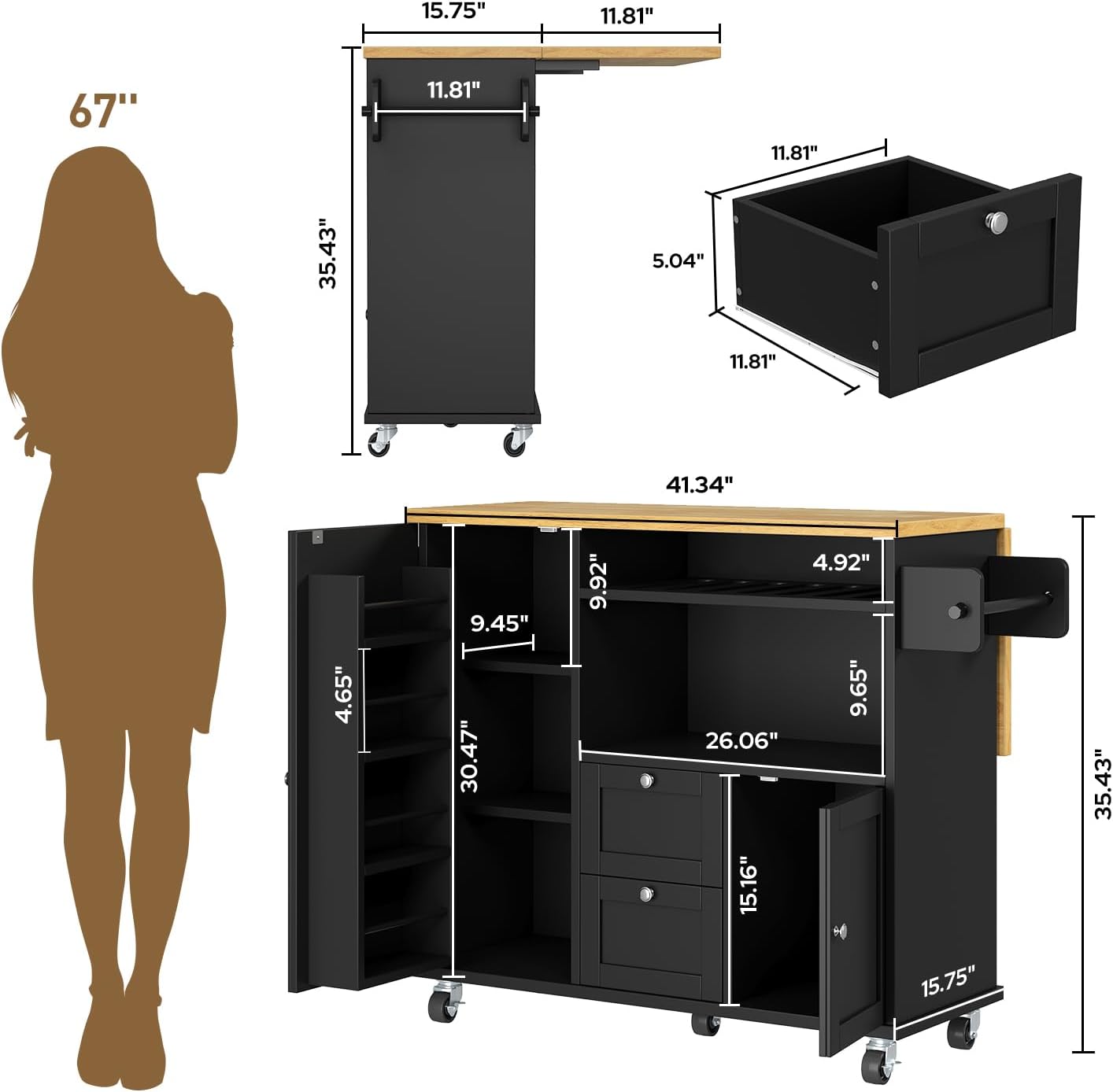 Rolling Kitchen Island with Storage Cabinet, 41.3'' Width Kitchen Cart with Desktop Drop Leaf Countertop, Portable Mobile Island with Towel Rack, Spice Rack Shelf and Lockable Wheels, Black