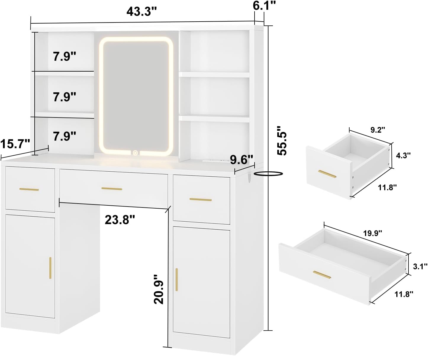 White Vanity Desk with Sliding Mirror & Lights, Makeup Vanity Table with Charging Station, Hairdryer Holder, 7 Shelves, 3 Drawers, 2 Cabinets, Vanity Desk with Hidden Stroage for Bedroom, Dorm