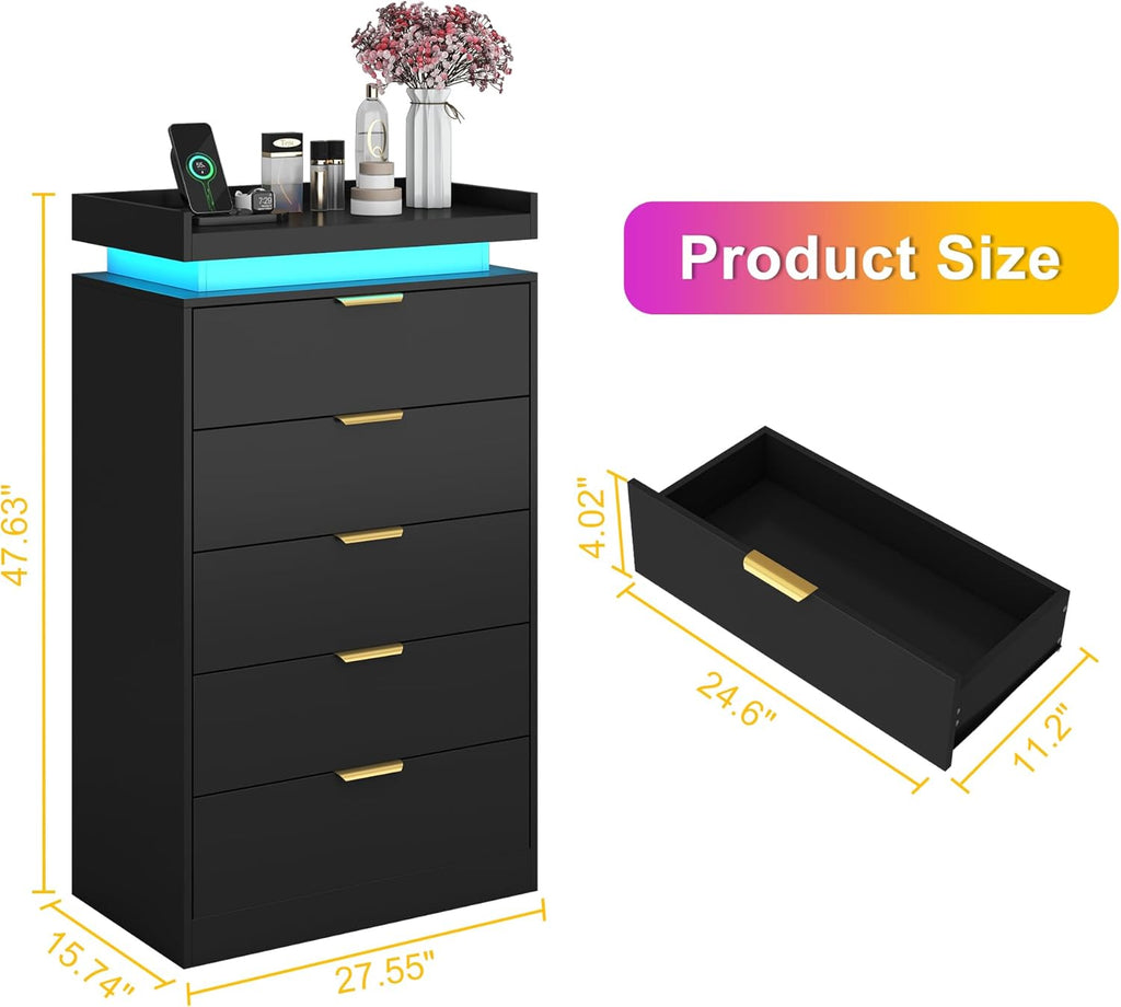 Tall Dresser for Bedroom, Black Dresser with LED Lights, Wood 5 Drawer Chest with Power Outlet, Modern Chest of Drawers for Bedroom, Living Room, Entryway, Hallway