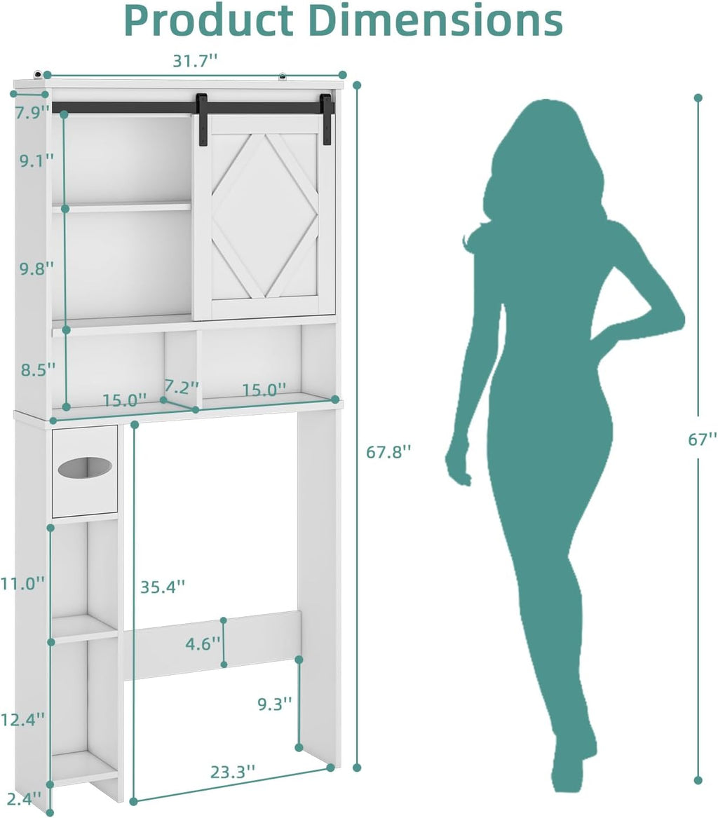 Over the Toilet Storage Cabinet with Farmhouse Sliding Barn Door, Above Toilet Organizer with Toilet Paper Holder Stand, Behind Toilet Shelf, Space Saver for Restroom, Bathroom, Laundry, White