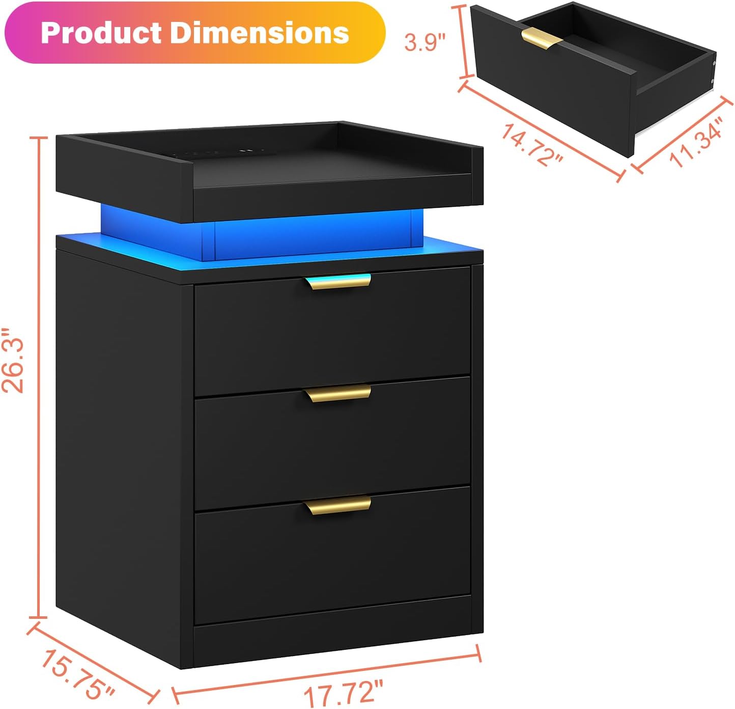LED Nightstand with Charging Station & USB Ports, 3-Drawer Bedside Table with Adjustable RGB LED Lights, High-Gloss Modern Nightstands for Bedroom, Black