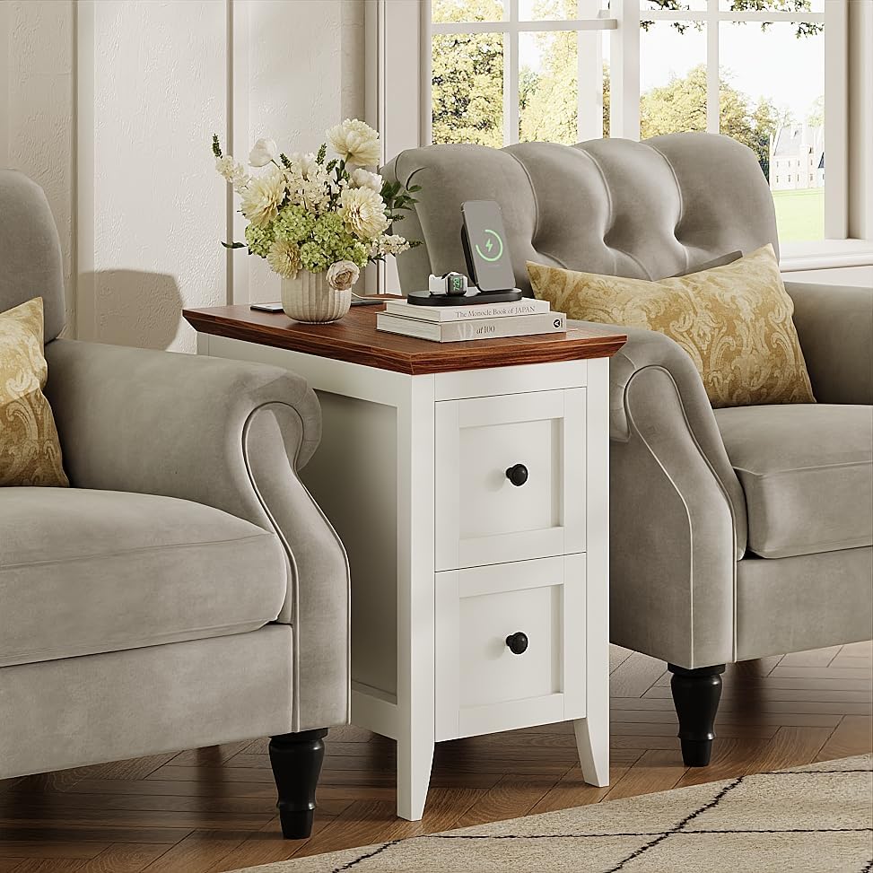 Farmhouse End Table with Charging Station, Narrow Side Table with 2 Drawers