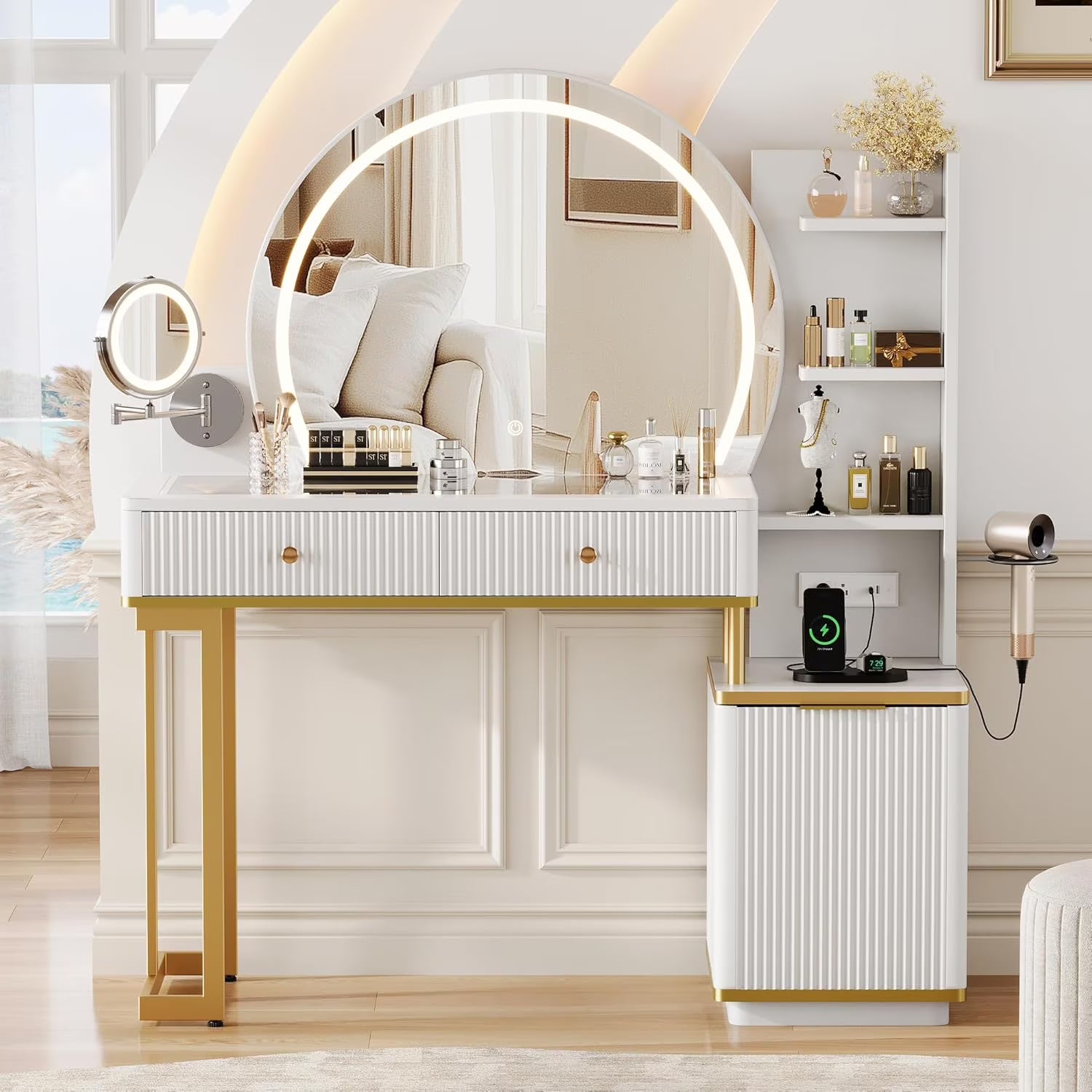 Farmhouse End Table with Charging Station, Narrow Side Table with 2 Drawers