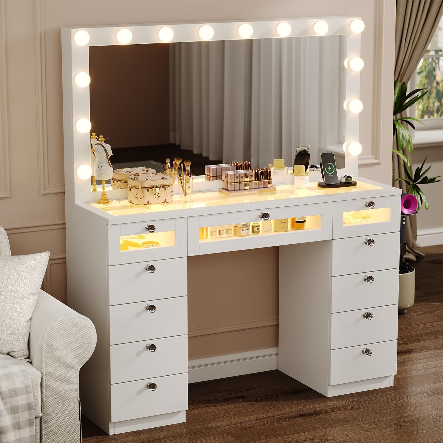 Glass Top Vanity Desk with RGB Drawers, 11 Drawers Large Makeup Vanity with Mirror and 14 LED Lights, 47" Dressing Table with Power Outlet, White