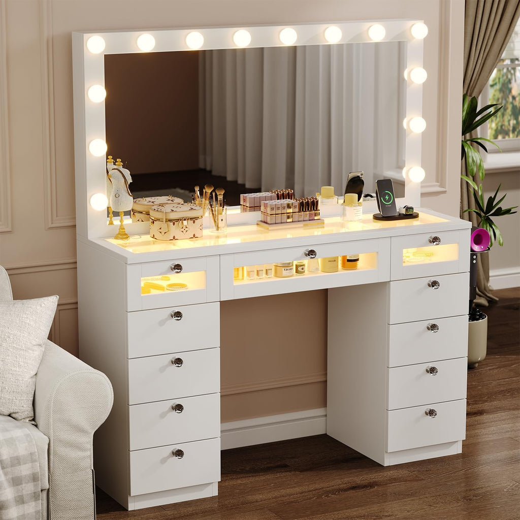Glass Top Vanity Desk with RGB Drawers, 11 Drawers Large Makeup Vanity with Mirror and 14 LED Lights, 47" Dressing Table with Power Outlet, White