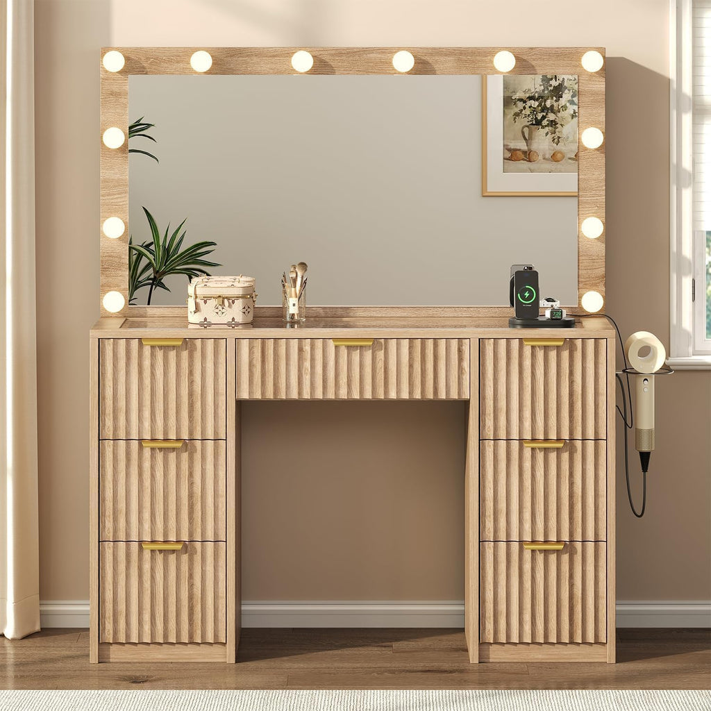47" Fluted Makeup Vanity Desk with Large 42" Mirror and Ajustable LED Lights, Modern Glass Top Big Vanity Table with 7 Drawers, Dressing Table w/Charging Outlet for Bedroom, Natural Oak