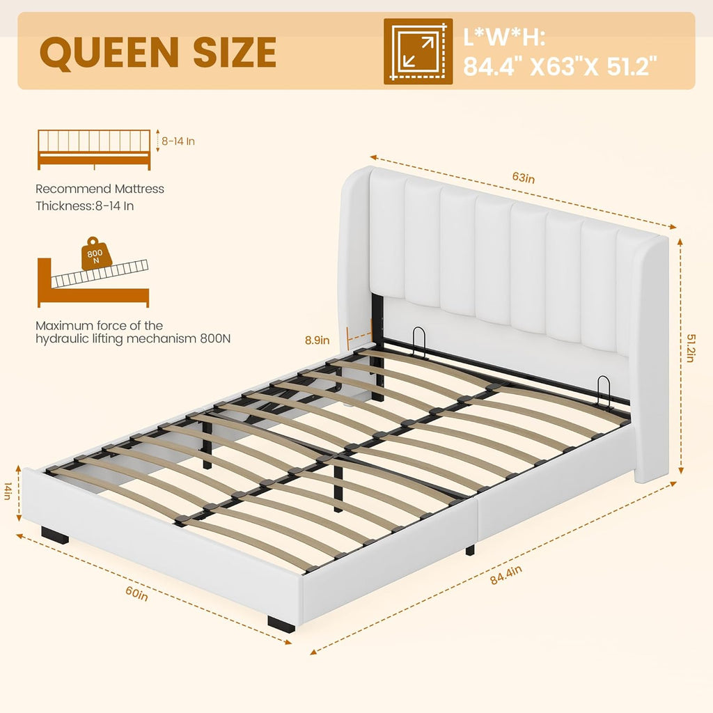 Queen Size Lift Up Storage Bed Frame with 51" Tall Headboard, Upholstered Velvet Wingback Tufted Design, Wood Slats Support, No Box Spring Required, Noise-Free Double Bed Frame (Queen,White)