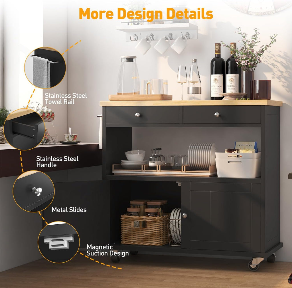 Rolling Kitchen Island with Storage Cabinet, 35.4'' Width Kitchen Cart, 2 Drawers Island Table, Portable Mobile Kitchen Island with Towel Rack, Wood Top and Lockable Wheels, Black