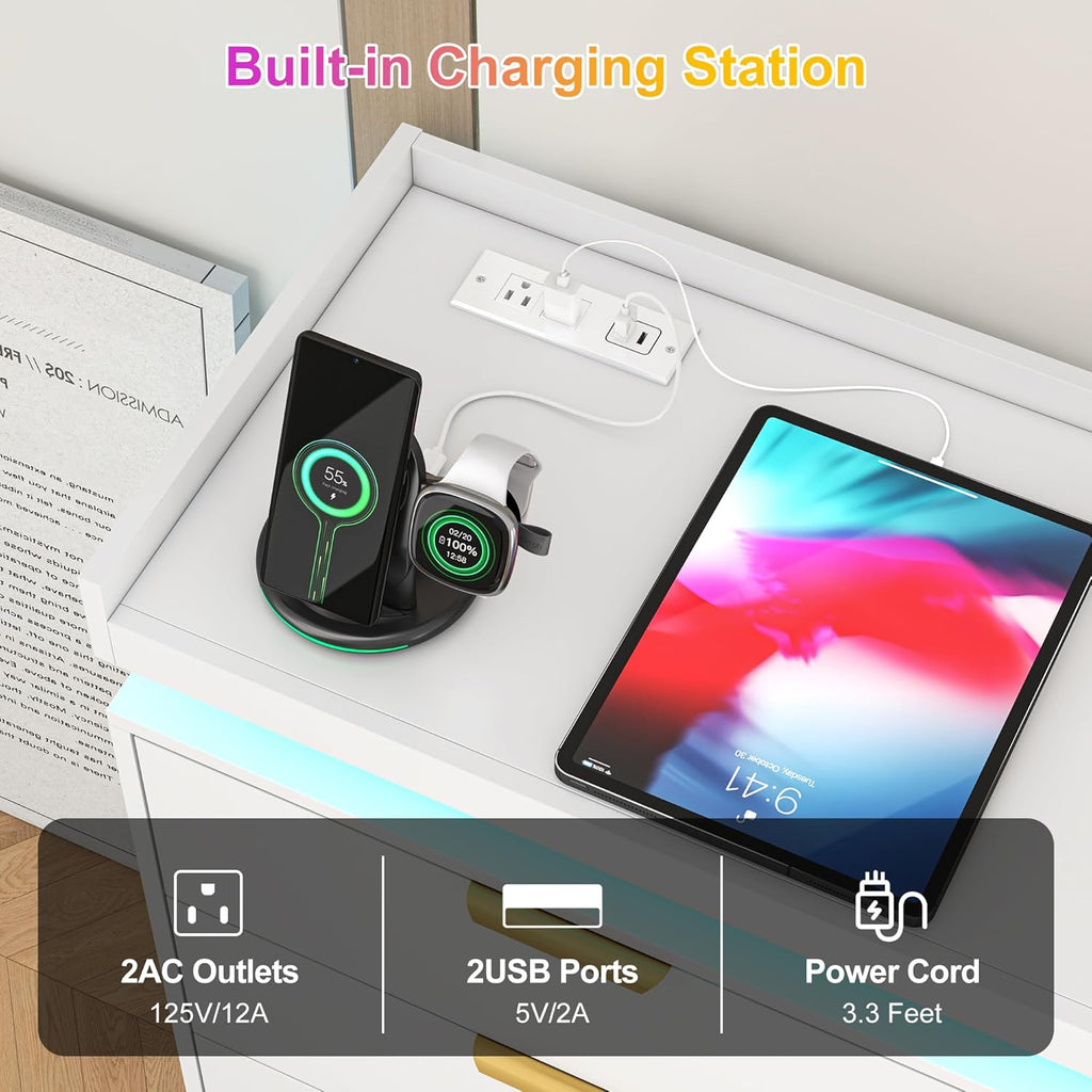 8 Drawer Dressers for Bedroom, White Dresser with LED Lights and Power Outlet, Wood LED Dresser, Double Wide Modern Chest of Drawers for Bedroom, Entryway, Hallway