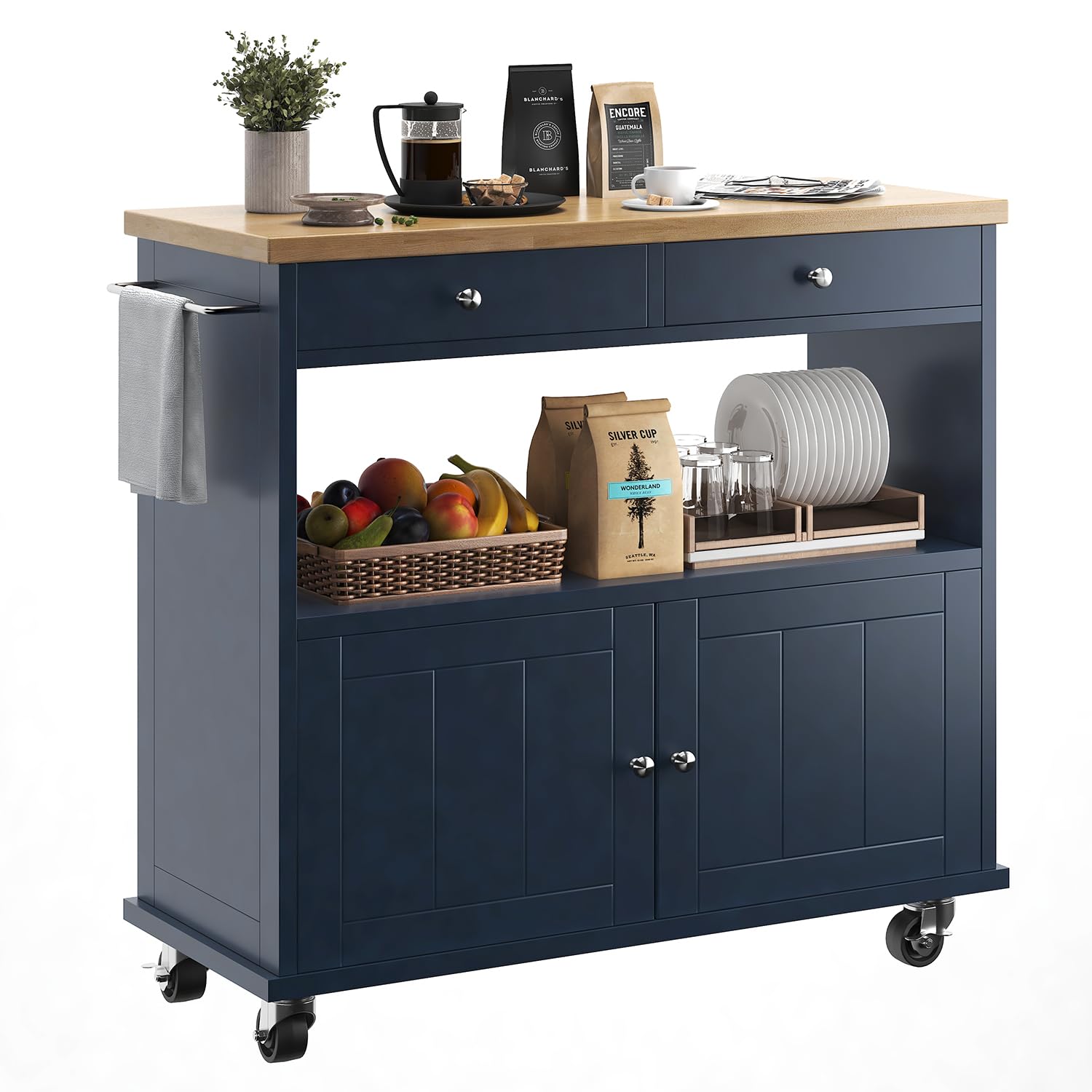 Rolling Kitchen Island with Storage Cabinet, 35.4'' Width Kitchen Cart, 2 Drawers Island Table, Portable Mobile Kitchen Island with Towel Rack, Wood Top and Lockable Wheels, White