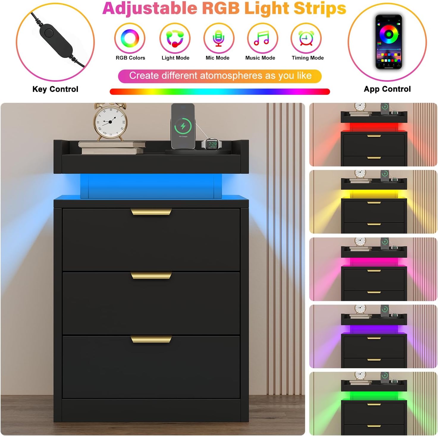 LED Nightstand with Charging Station & USB Ports, 3-Drawer Bedside Table with Adjustable RGB LED Lights, High-Gloss Modern Nightstands for Bedroom, Black
