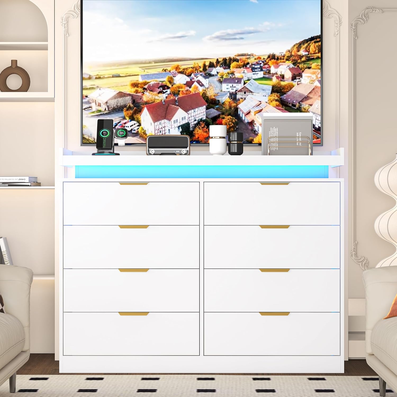 8 Drawer Dressers for Bedroom, White Dresser with LED Lights and Power Outlet, Wood LED Dresser, Double Wide Modern Chest of Drawers for Bedroom, Entryway, Hallway