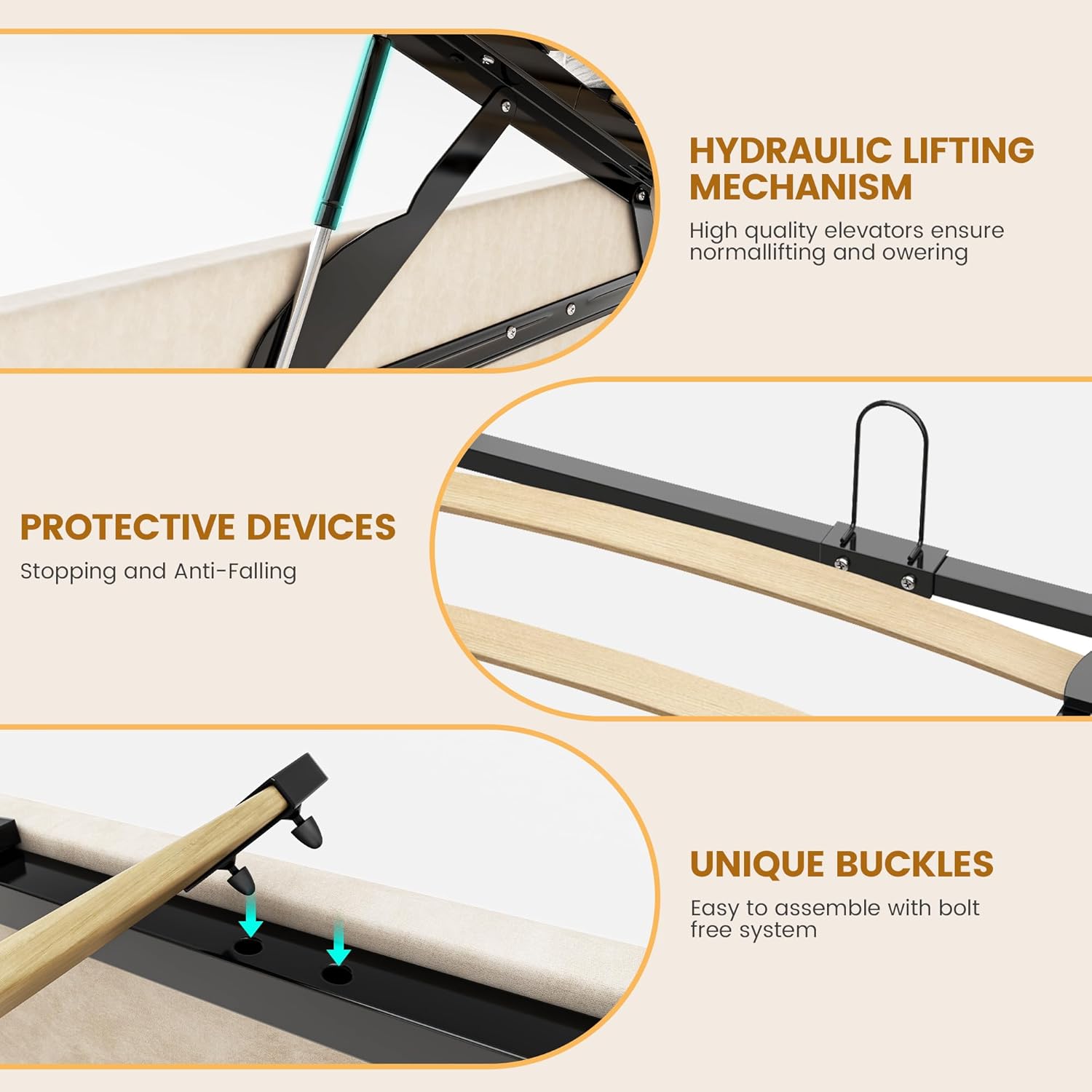 Queen Size Lift Up Storage Bed Frame with 51" Tall Headboard, Upholstered Velvet Wingback Tufted Design, Wood Slats Support, No Box Spring Required, Noise-Free Double Bed Frame (Queen,Beige)