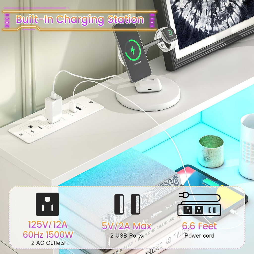 White 6 Drawer Dresser for Bedroom, Chest of Drawers with LED Light and Power Outlet, Tall Wide Dresser for Organizer Cabinet Bedroom,Living Room,Hallway, Entryway