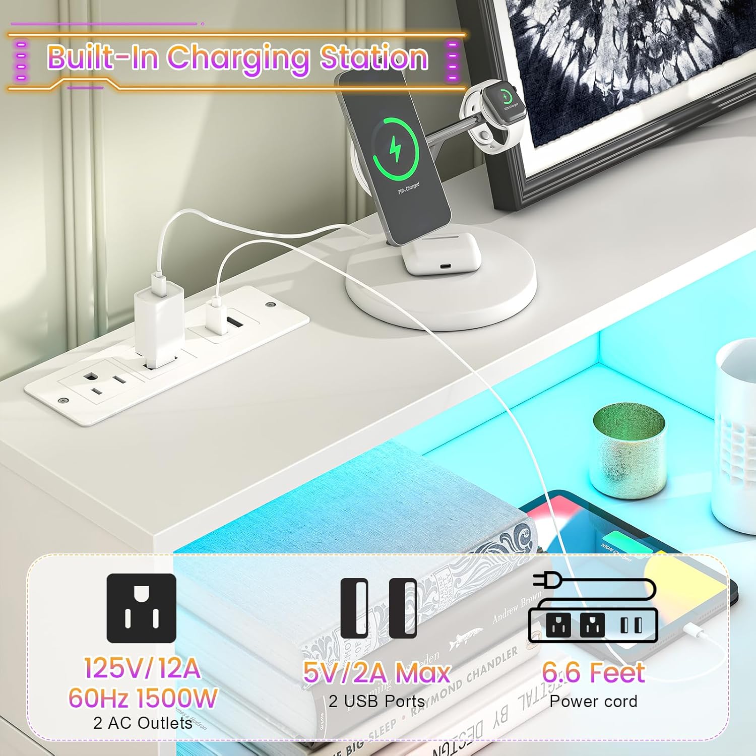 White 6 Drawer Dresser for Bedroom, Chest of Drawers with LED Light and Power Outlet, Tall Wide Dresser for Organizer Cabinet Bedroom,Living Room,Hallway, Entryway