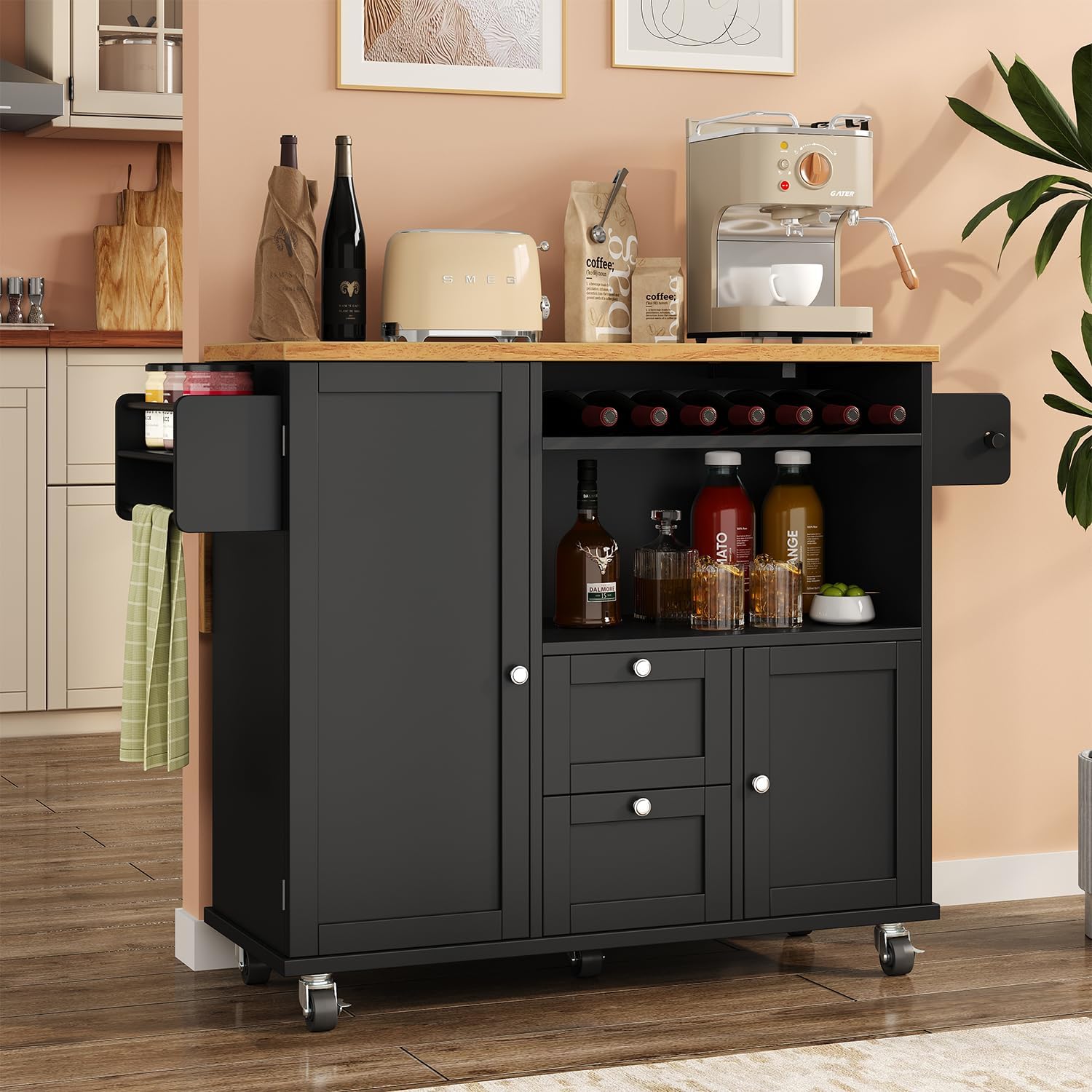 Rolling Kitchen Island with Storage Cabinet, 41.3'' Width Kitchen Cart with Desktop Drop Leaf Countertop, Portable Mobile Island with Towel Rack, Spice Rack Shelf and Lockable Wheels, Black