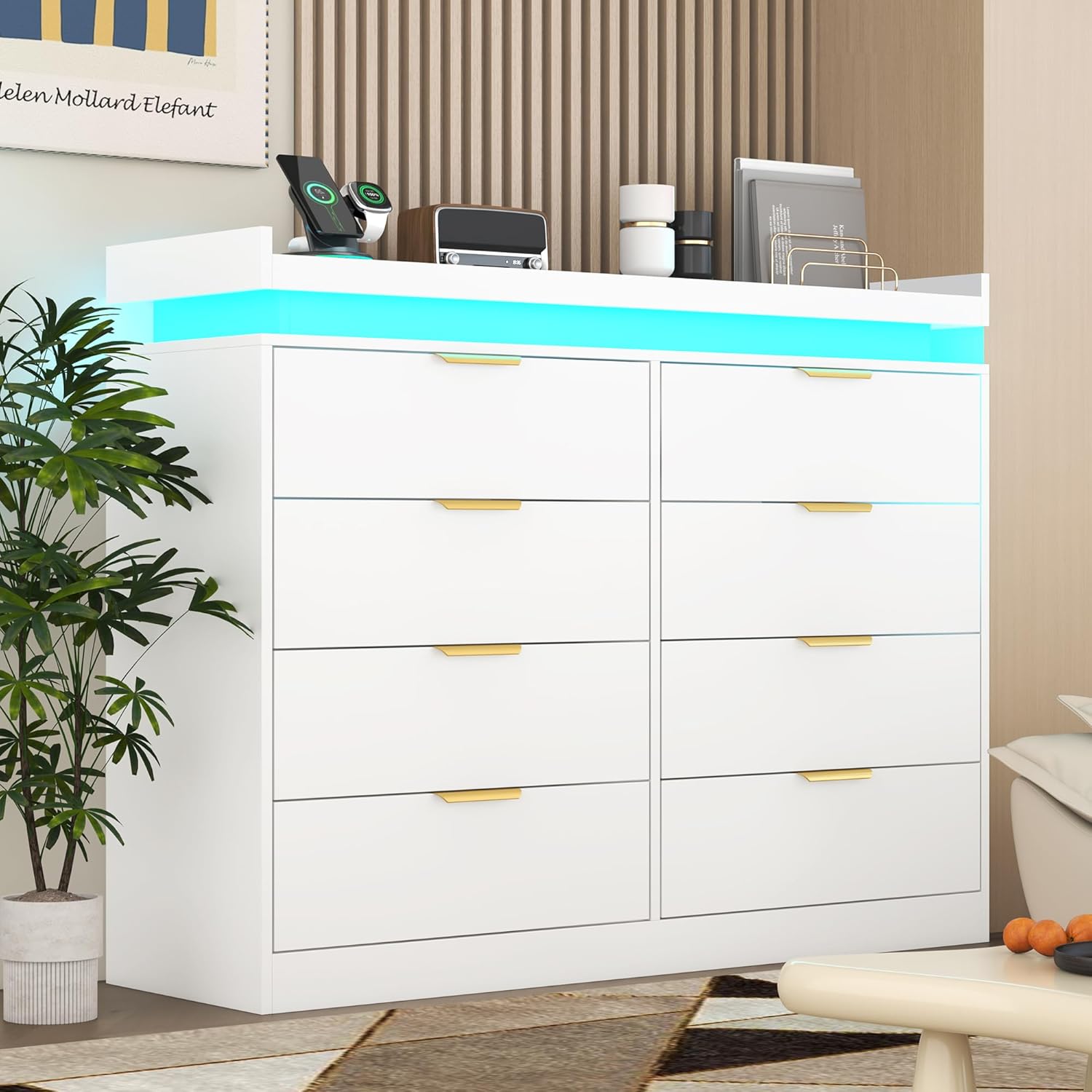 8 Drawer Dressers for Bedroom, White Dresser with LED Lights and Power Outlet, Wood LED Dresser, Double Wide Modern Chest of Drawers for Bedroom, Entryway, Hallway