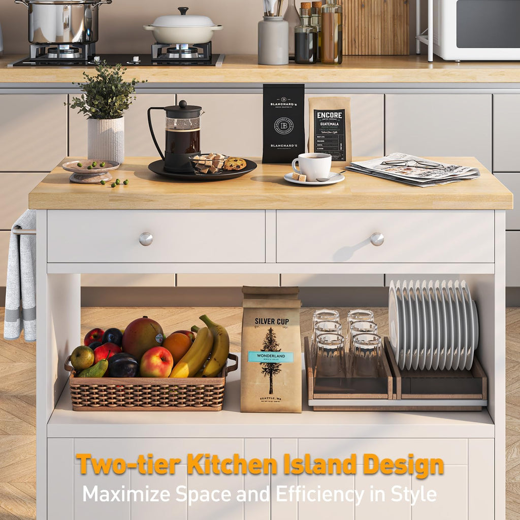 Rolling Kitchen Island with Storage Cabinet, 35.4'' Width Kitchen Cart, 2 Drawers Island Table, Portable Mobile Kitchen Island with Towel Rack, Wood Top and Lockable Wheels, White