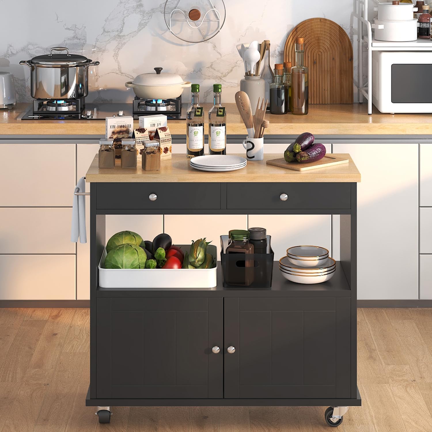 Rolling Kitchen Island with Storage Cabinet, 35.4'' Width Kitchen Cart, 2 Drawers Island Table, Portable Mobile Kitchen Island with Towel Rack, Wood Top and Lockable Wheels, Black