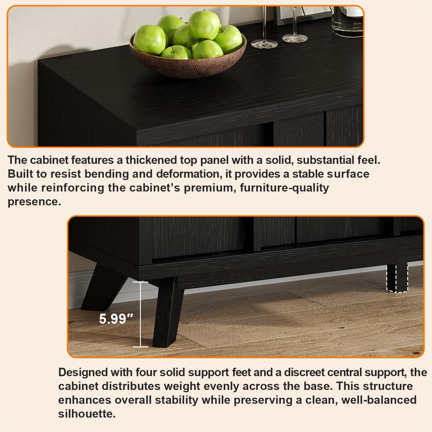 knoworld 59" Sideboard Buffet Cabinet with Storage, Modern Credenza, Black | Wood Console Cabinet with 4 Doors&Adjustable Shelves, Accent Coffee Bar Cabinet for Living Room Kitchen Dining Room Hallway